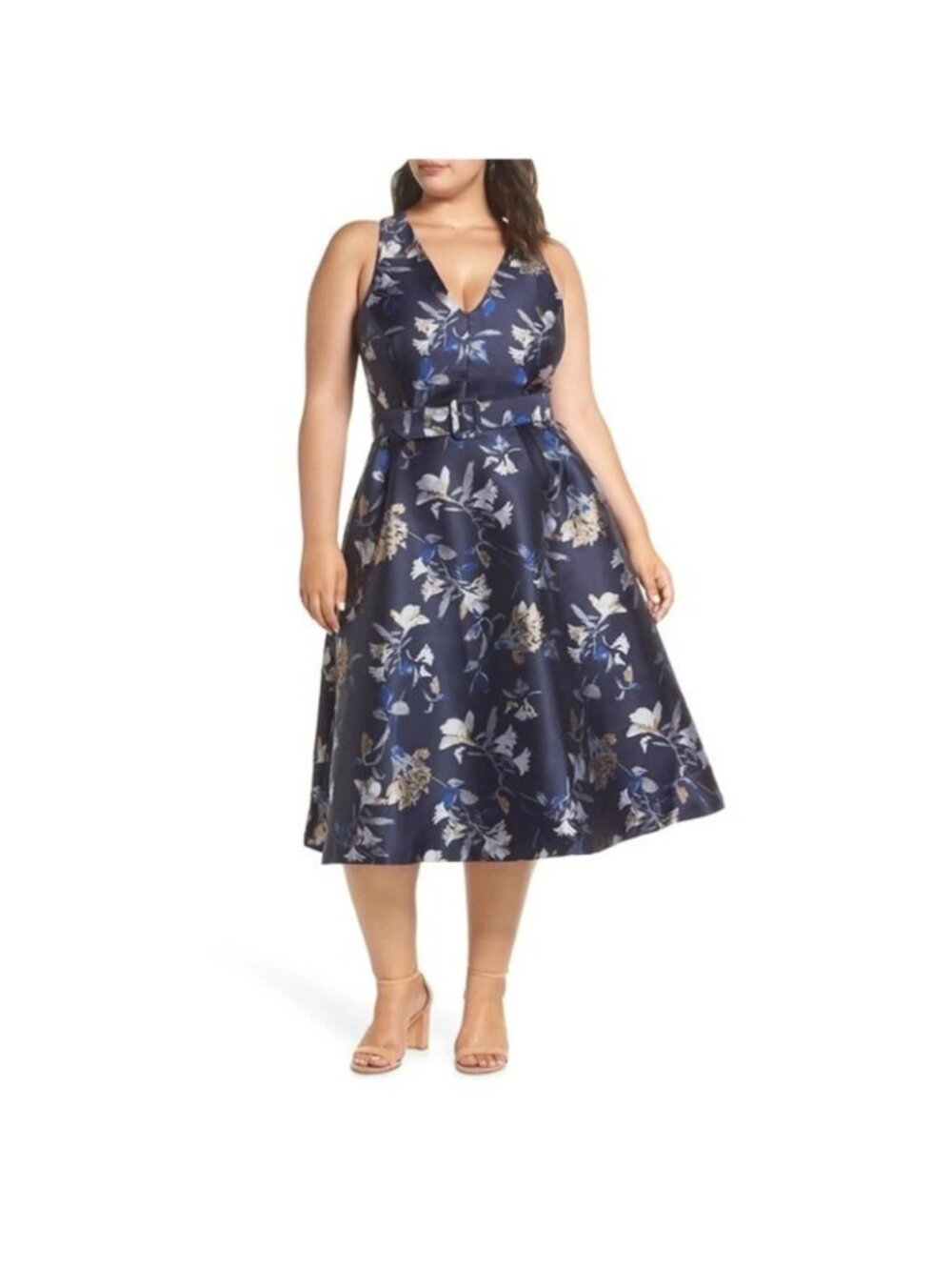 1901 Nordstrom Navy Floral Metallic Jacquard Belted Midi Dress Womens 16 NEW - Picture 2 of 16